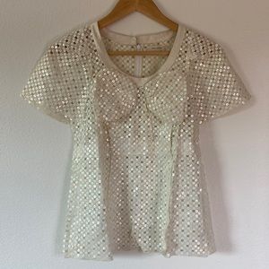Marc Jacobs Collection 2012 Cream Sequin Bow Blouse Zip Top w/ Pleating Details